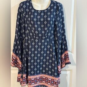 Altar'd State Navy and Coral Patterned Midi Dress